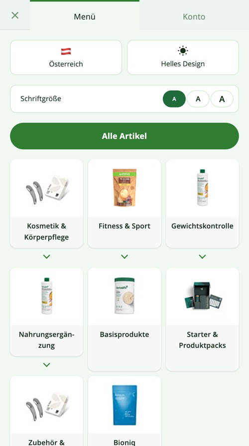 Mobiles Menü mit Land, Erscheinungsbild und Schriftgröße