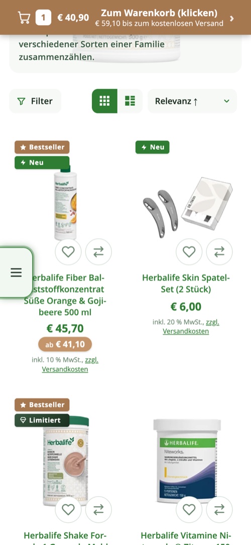 Kategorieseite mit Produktkarten, Badges und Filterleiste
